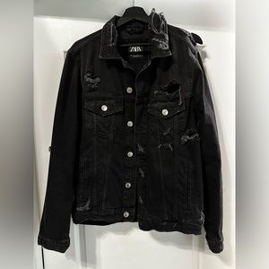 Zara Denim Trucker Jacket Men’s M Washed Black Distressed Destroyed Ripped SizeM